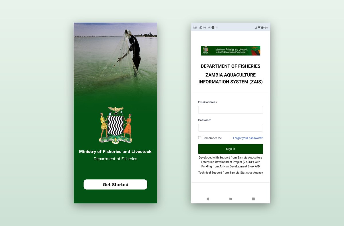 ZAIS landing screen and login page, built by SIIS for the Ministry of Fisheries and Livestock