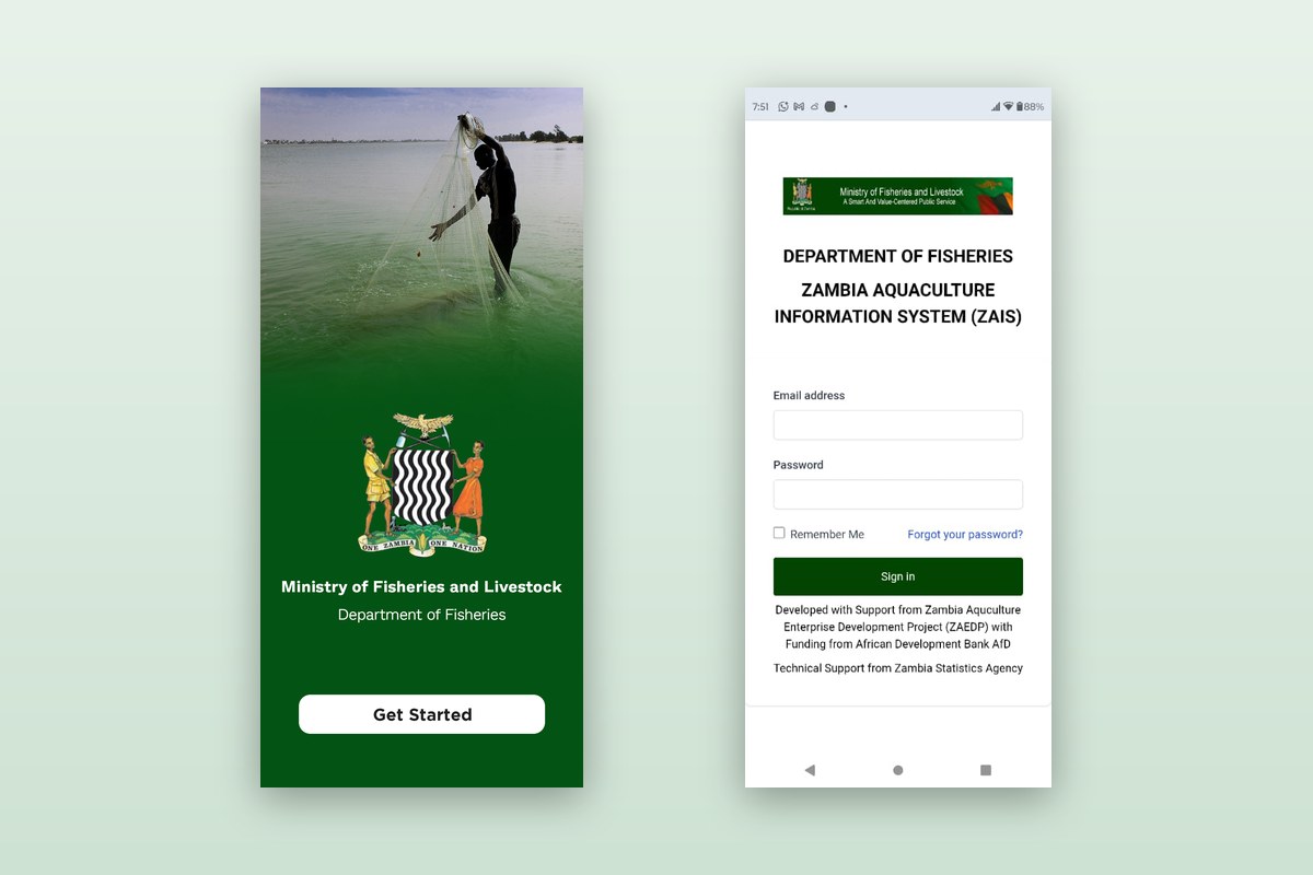 ZAIS mobile landing page and login screen, built by SIIS for the Ministry of Fisheries and Livestock